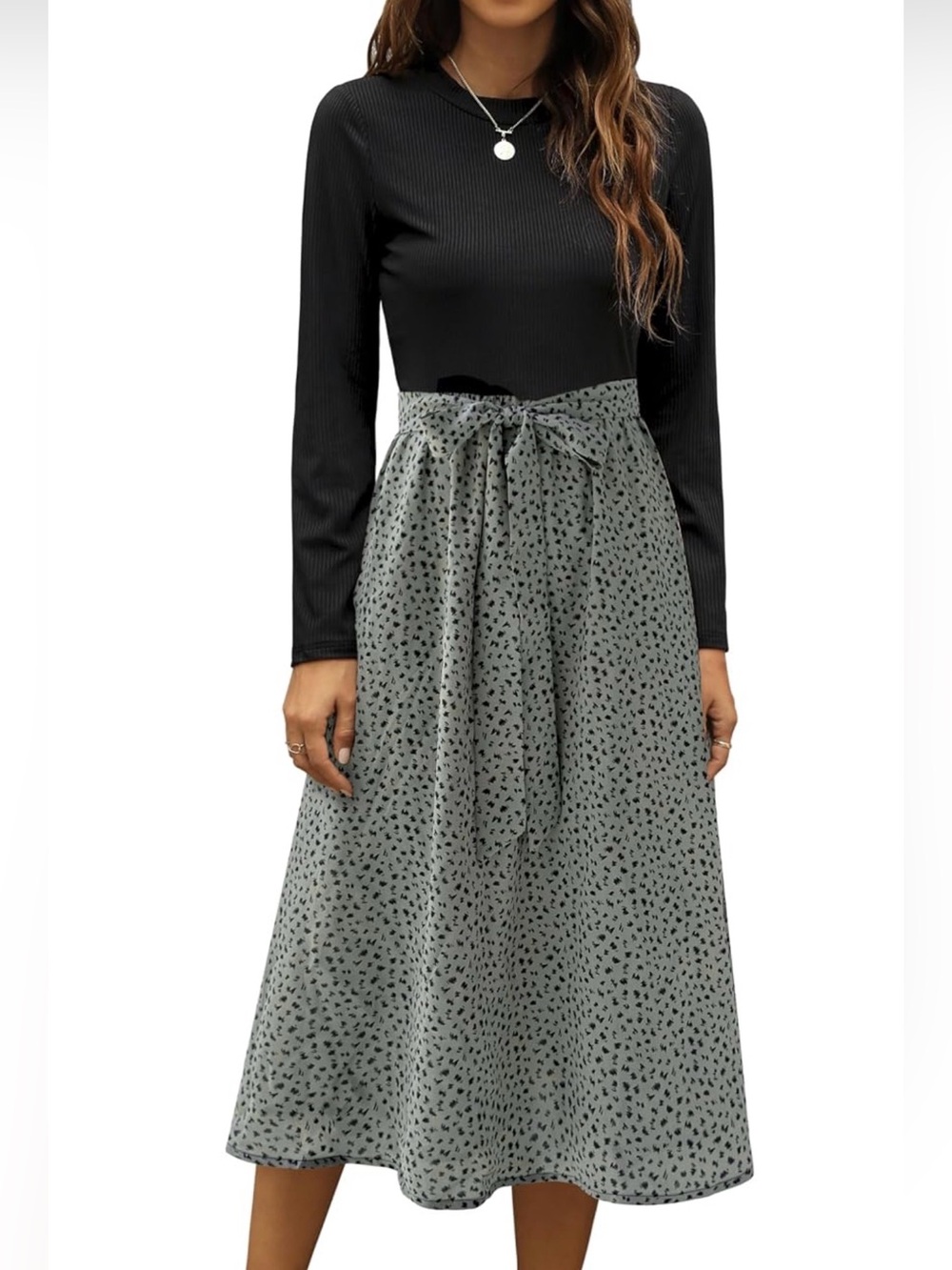 NWT Zattcas Tie-Waist Sage Green Midi Dress with Black Speckle Print, L